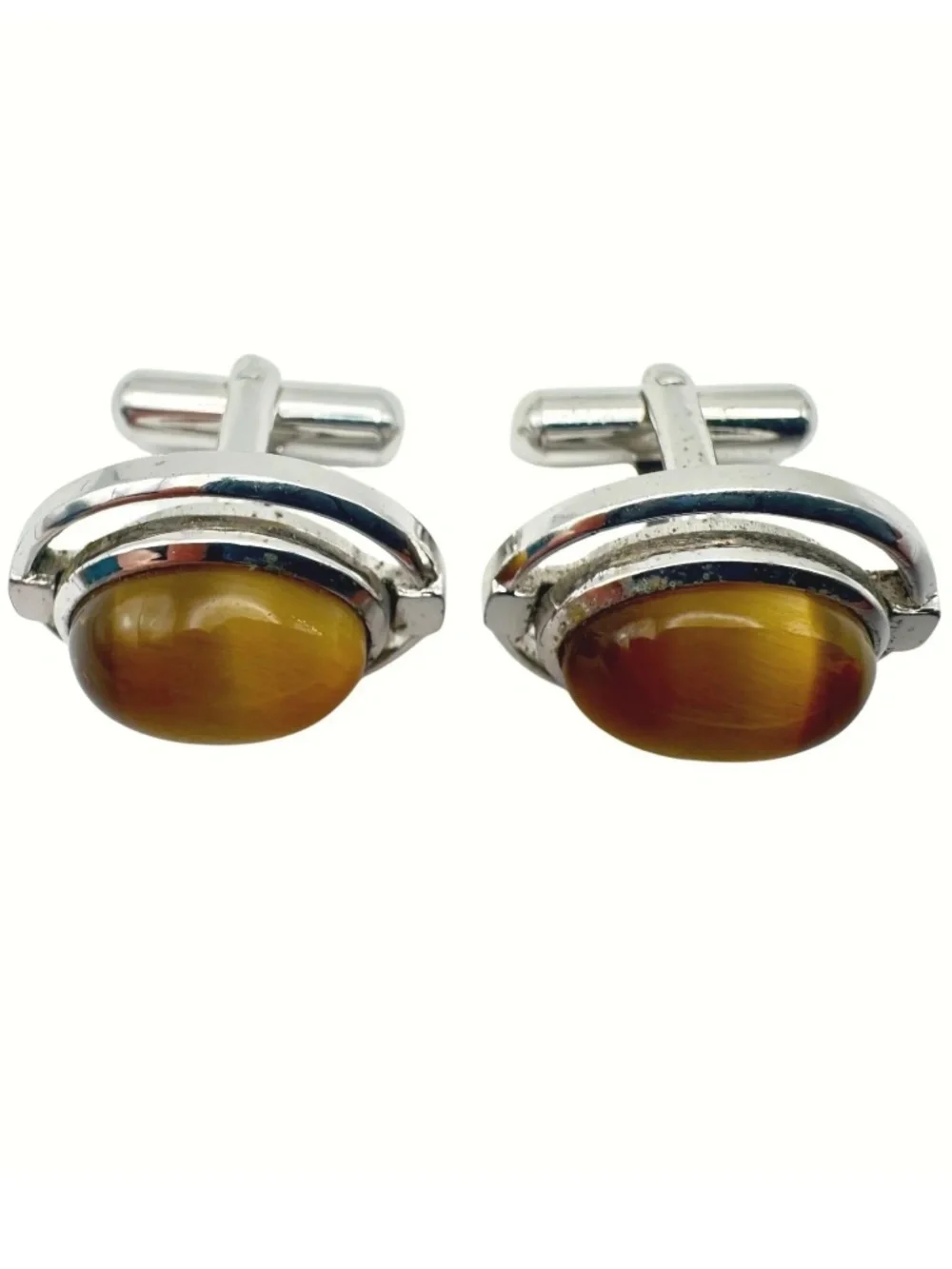 Vintage Sun Eagle Tiger Eye Cufflinks Oval Cabochon Silver Tone Formal Accessory